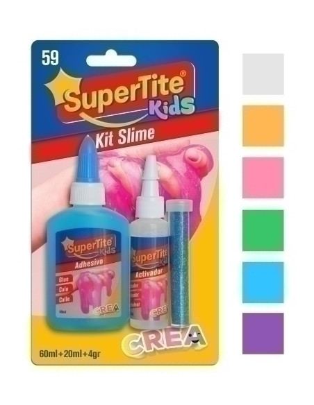 JUEGO SUPERTITE SLIME STARTER PACK KIT COMPLETO 1x PEGAMENTO 60ml 1x LIQUIDO MAGICO 20ml 1xPURPURINA COLOR