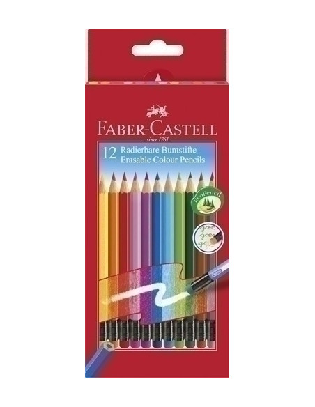 LAPICES de COLORES FABER-CASTELL BORRABLE estuche de 12 con GOMA