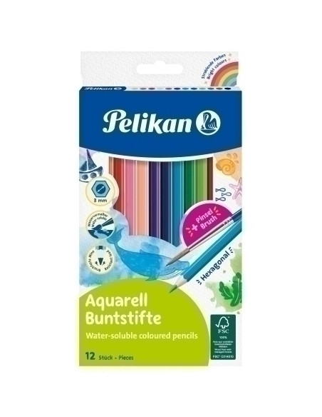 LAPICES de COLORES PELIKAN AQUARELL HEXAGONAL  PINCEL estuche de 12 700672