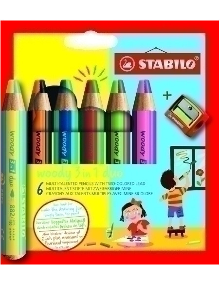 LAPICES de COLORES STABILO WOODY 3 EN 1 DUO SURTIDO ESTUCHE de 6  AFILALAPIZ