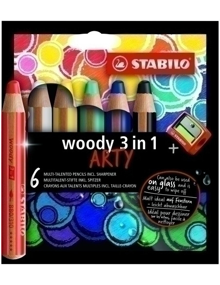 LAPICES de COLORES STABILO WOODY 880 3 en 1 ARTY LINE ESTUCHE de 6 incluye sacapuntas