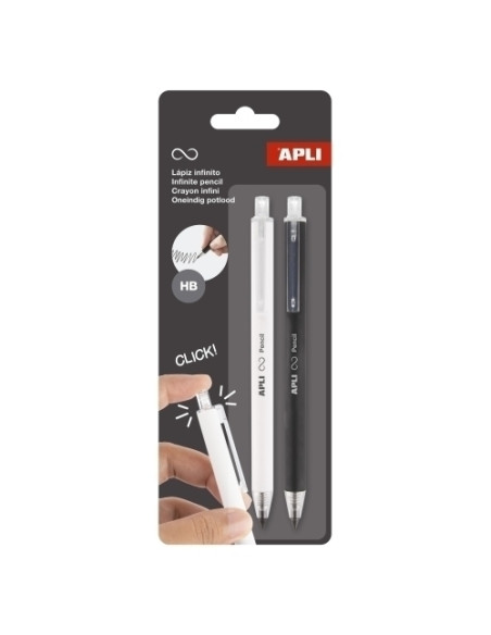 LAPIZ APLI GRAFITO HB  INFINITO RETRACTIL BLANCO Y NEGRO PACK DE 2