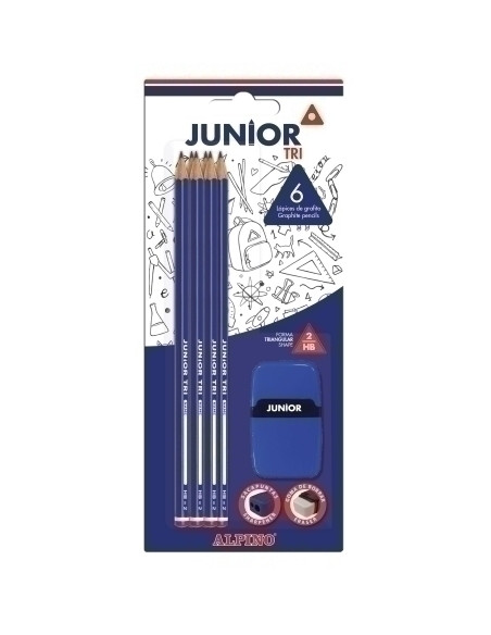 LAPIZ de GRAFITO ALPINO JUNIOR - HB TRI BLISTER de 6 Y AFILAGOMA