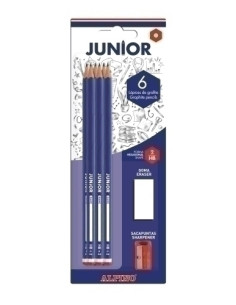 LAPIZ de GRAFITO ALPINO JUNIOR - HB blister de 6 con GOMA y AFILA