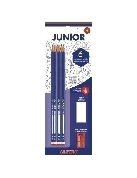 LAPIZ de GRAFITO ALPINO JUNIOR - HB blister de 6 con GOMA y AFILA