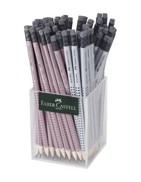 LAPIZ de GRAFITO FABER-CASTELL GRIP 2001 B con GOMA DE BORRAR bote de 72 36x plateados 36x rosados
