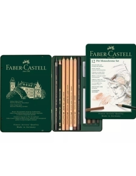 LAPIZ de GRAFITO FABER-CASTELL PITT MONOCHROME estuche METAL de 12 surtido de carbonos grafitos ecolapices y tizas