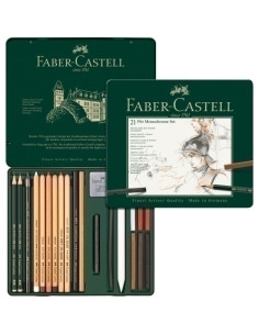 LAPIZ de GRAFITO FABER-CASTELL PITT MONOCHROME estuche METAL de 21 surtido de carbonos grafitos ecolapices y tizas
