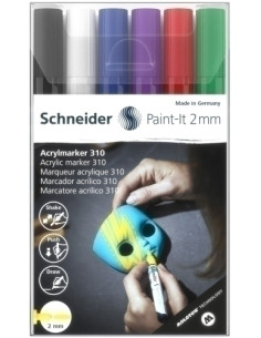 MARCADOR ACRYLIC SCHNEIDER PAINT-IT 310 CONICO 2 mm ESTUCHE de 6 negro blanco azul violeta rojo verde