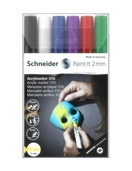 MARCADOR ACRYLIC SCHNEIDER PAINT-IT 310 CONICO 2 mm ESTUCHE de 6 negro blanco azul violeta rojo verde
