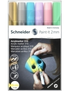 MARCADOR ACRYLIC SCHNEIDER PAINT-IT 310 CONICO 2 mm ESTUCHE de 6 oro plata azul pastel violeta pastel rosa pastel verde pastel