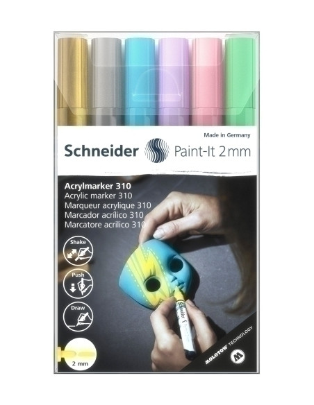MARCADOR ACRYLIC SCHNEIDER PAINT-IT 310 CONICO 2 mm ESTUCHE de 6 oro plata azul pastel violeta pastel rosa pastel verde pastel