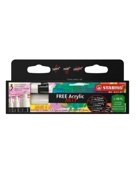 MARCADOR ACRYLIC STABILO FREE ARTY LINE BLANCO ESTUCHE DE 3 T100T300T800C