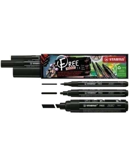 MARCADOR ACRYLIC STABILO FREE ARTY LINE NEGRO ESTUCHE DE 3 T100T300T800C