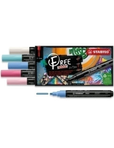 MARCADOR ACRYLIC STABILO FREE T300 ARTY LINE 2-3 mm SET CANDY ESTUCHE DE 5 azul hielo azul cobalto rosa rubor rosa y blanco