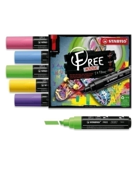 MARCADOR ACRYLIC STABILO FREE T800C ARTY LINE 4-10 mm SET SEASIDE ESTUCHE DE 5 violeta amarillo verde claro azul cobalto y rosa