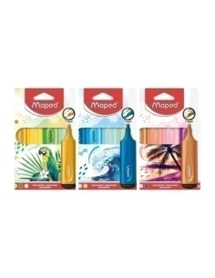 MARCADOR FLUOR MAPED PACK DE 4 COLORES SURTIDOS EXPOSITOR DE 12 3x OCEAN 3x TROPICAL 3x PUESTA DE SOL