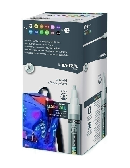 MARCADOR PERMANENTE LYRA GRADUATE MARK ALL CONICO 20 mm SURTIDO ESTUCHE DE 12