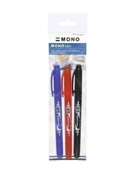 MARCADOR TOPACA PERM TOMBOW MONO TWIN DOBLE PUNTA 0408 PACK de 3 negro azul y rojo