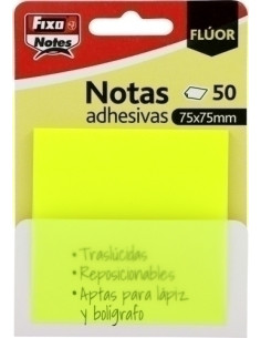 NOTAS ADHESIVAS FIXO NOTES TRASLUCIDAS 50h 75x75 AMARILLO NEON