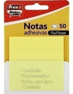 NOTAS ADHESIVAS FIXO NOTES TRASLUCIDAS 50h 75x75 AMARILLO PASTEL