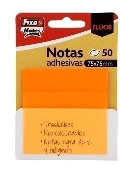 NOTAS ADHESIVAS FIXO NOTES TRASLUCIDAS 50h 75x75 NARANJA NEON