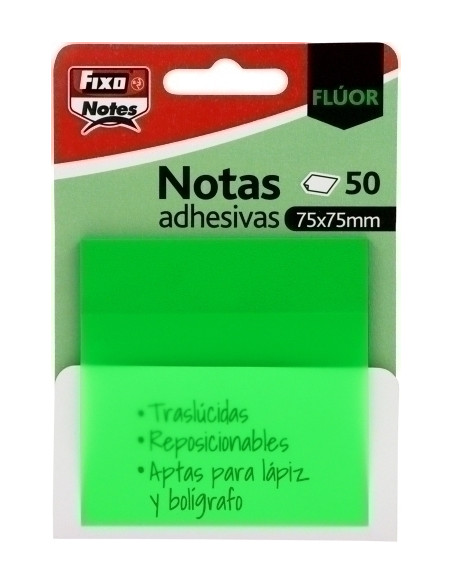 NOTAS ADHESIVAS FIXO NOTES TRASLUCIDAS 50h 75x75 VERDE NEON