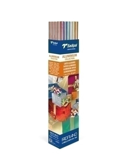 PAPEL METALIZADO SADIPAL ROLLO 1x3 m 65gr EXPOSITOR de 25 ROLLOS 5xOro  5xPlata  3  x Rojo-Fucsia-Azul-Verde-Cobre