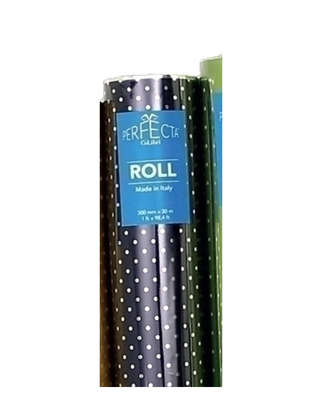 PAPEL de REGALO BOBINA COLIBRI 30 cm x 30 m SIMPLE ESTAMPADO AZUL CON PUNTOS METALIZADO