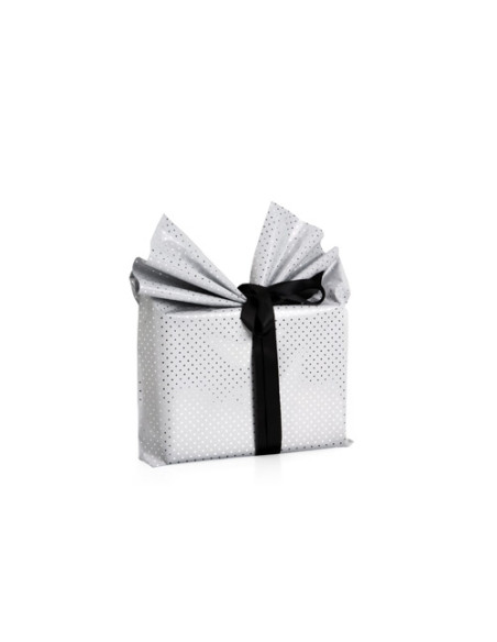 PAPEL de REGALO BOBINA COLIBRI 30 cm x 30 m SIMPLE ESTAMPADO BLANCO CON PUNTOS MATE