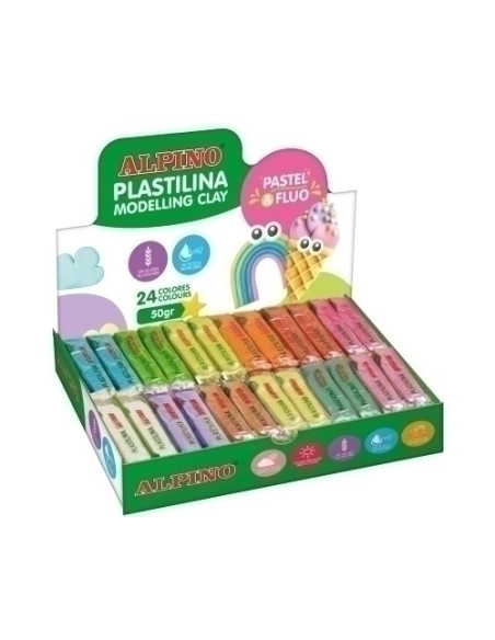 PLASTILINA ALPINO PASTELFLUOR 50GR CAJA 24 SURTIDAS 12 pastel x 12 fluor
