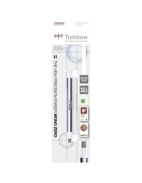 PORTAGOMAS TOMBOW MONO ZERO PUNTA RECTANGULAR  RECAMBIO CUERPO BLANCOAZUL Y NEGRO