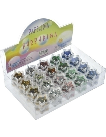 PURPURINA ABACO METALIZADA ESTRELLAS bote 5 COLORES EXPOSITOR de 40