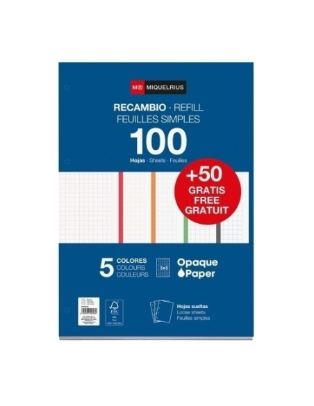 RECAMBIO MIQUELRIUS NOTEBOOK 1 A4 10050h 90gr 4 TALADROS CUADRIC5x5 INTENSOS