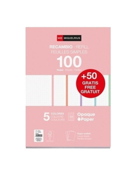 RECAMBIO MIQUELRIUS NOTEBOOK 5 A4 10050h 90gr 4 TALADROS CUADRIC5x5 PASTEL