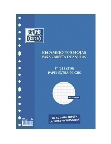 RECAMBIO OXFORD SCHOOL F 100h 90gr 16 TALADROS CUADRIC4x4 CMARGEN AZUL