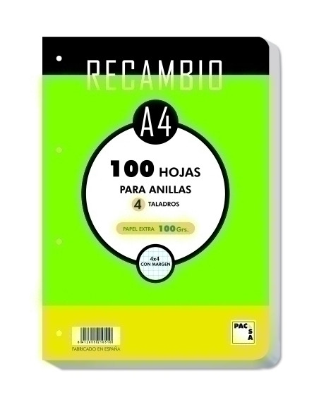 RECAMBIO PACSA A4 100h 100g 4 TALADROS CUADRIC4x4 CANTOS REDONDEADOS