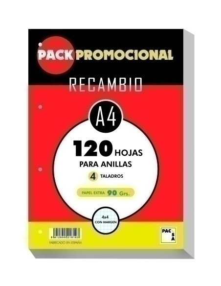 RECAMBIO PACSA A4 120h 90g 4 TALADROS CUADRIC4x4 CMARGEN