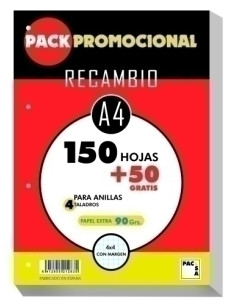 RECAMBIO PACSA A4 200h 15050 90gr 4 TALADROS CUADRIC4x4 CMARGEN