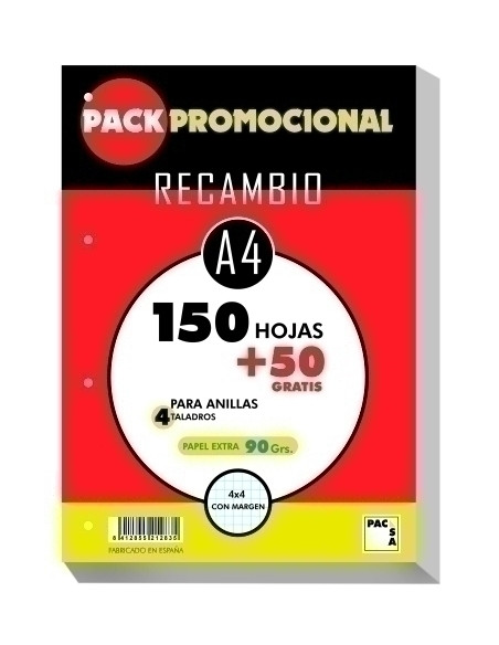 RECAMBIO PACSA A4 200h 15050 90gr 4 TALADROS CUADRIC4x4 CMARGEN