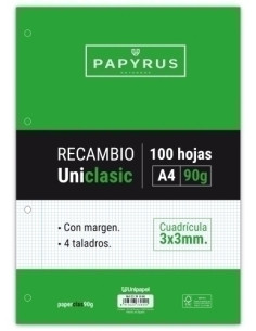 RECAMBIO PAPYRUS UNICLASIC A4 100h 90g 4 TALADROS CUAD3x3 CMARGEN