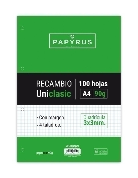 RECAMBIO PAPYRUS UNICLASIC A4 100h 90g 4 TALADROS CUAD3x3 CMARGEN