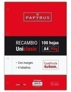 RECAMBIO PAPYRUS UNICLASIC A4 100h 90g 4 TALADROS CUAD4x4 CMARGEN