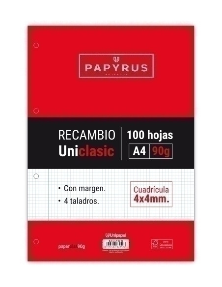 RECAMBIO PAPYRUS UNICLASIC A4 100h 90g 4 TALADROS CUAD4x4 CMARGEN