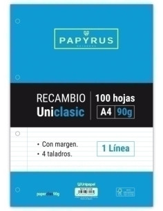 RECAMBIO PAPYRUS UNICLASIC A4 100h 90g 4 TALADROS HORIZONTAL CMARGEN