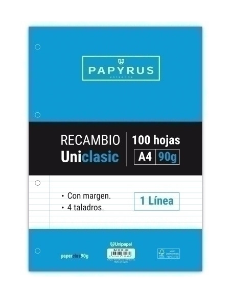 RECAMBIO PAPYRUS UNICLASIC A4 100h 90g 4 TALADROS HORIZONTAL CMARGEN