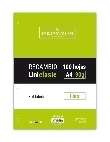 RECAMBIO PAPYRUS UNICLASIC A4 100h 90g 4 TALADROS LISO