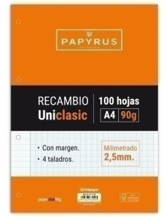RECAMBIO PAPYRUS UNICLASIC A4 100h 90g 4 TALADROS MILIMETRADO CMARGEN