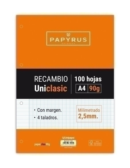 RECAMBIO PAPYRUS UNICLASIC A4 100h 90g 4 TALADROS MILIMETRADO CMARGEN