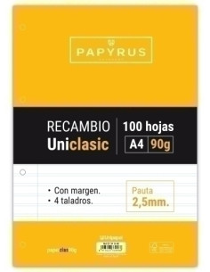 RECAMBIO PAPYRUS UNICLASIC A4 100h 90g 4 TALADROS PAUTA 25 CMARGEN
